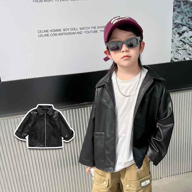 ジャケット 男の子 キッズ 子供服 フェイクレザー PUレザー ライダースジャケット アウター 春秋 韓国 無地 ジップアップ ショート丈 ソフトな着心地 カジュアル 黒