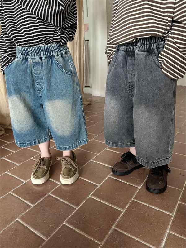 キッズ デニムパンツ 男の子 女の子 男女兼用 春秋 ウォッシュ加工 ユーズド風 ストレート ワイド 七分丈 クロップド丈 ジーンズ コットン 柔らか素材 ウエストゴム ハイウエスト ブルー グレー 普段使い カジュアル