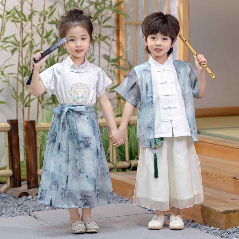 漢服 キッズ 男の子 女の子向け 中国伝統衣装 民族衣装 馬面スカート 唐装 古代服 坊ちゃん服 春夏 薄手 綿素材 柔らか 肌触り良い 発表会 ステージ イベント 記念撮影 コスチューム 4,859円