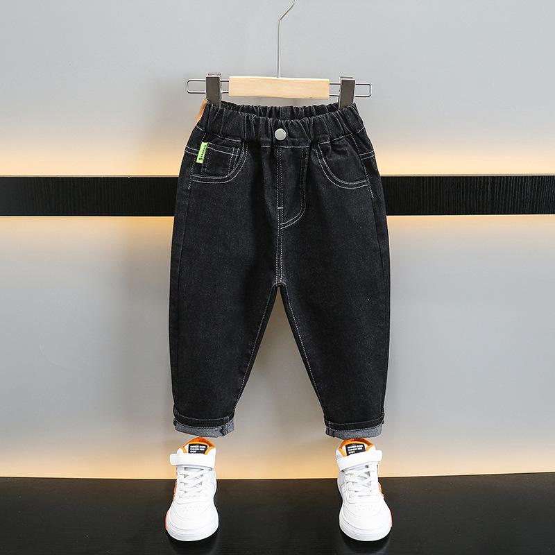 デニムパンツ 男の子 キッズ 子供 幼児 小学生 春秋 綿 コットン 韓国 おしゃれ トレンド カジュアル ロング丈 無地 ウエストゴム ソフト 普段使い 通園 通学 ブラック
