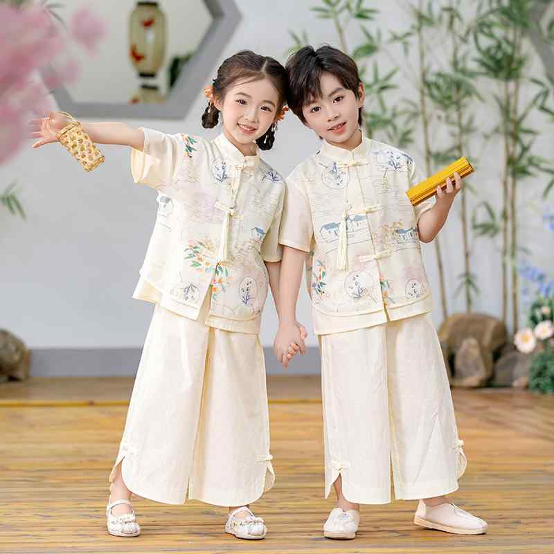 民族衣装 キッズ 子供 男の子 女の子 幼稚園 漢服 唐装 チャイナ風 古風 セットアップ 日常着 普段使い 発表会 舞台 春夏 薄手 ナイロン 柔らかい 肌触り 動物柄