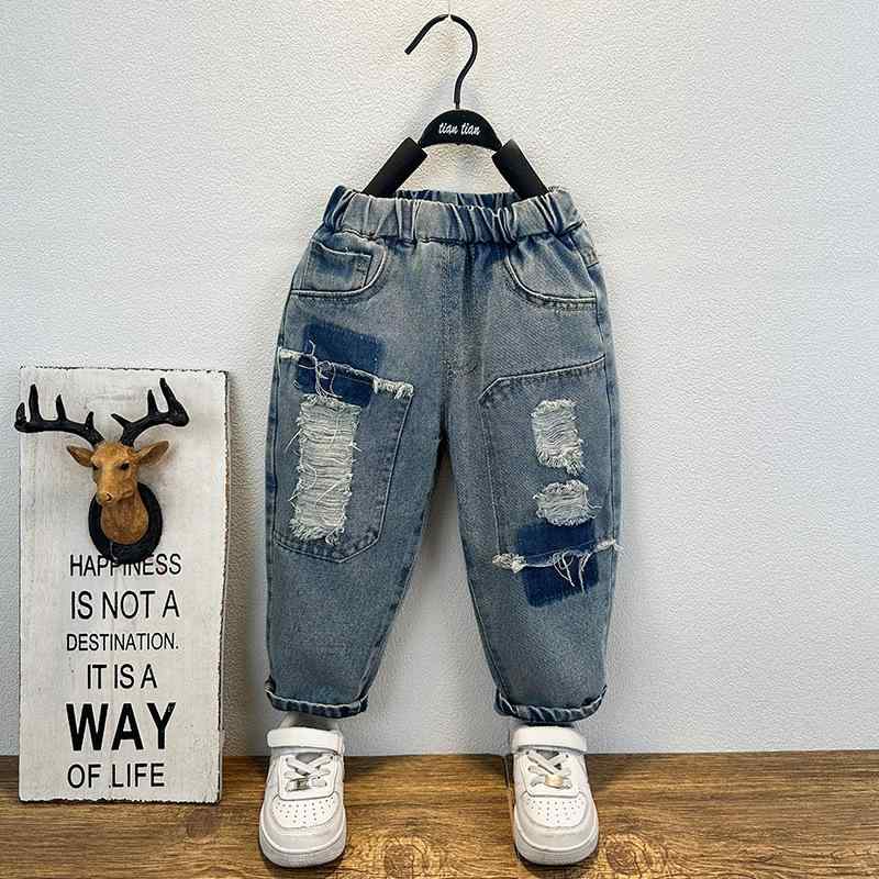 デニムパンツ 男の子 キッズ ダメージ加工 クラッシュ ジーンズ 綿 コットン ブルー 長ズボン 秋冬 韓流 おしゃれ 通学 普段使い カジュアル