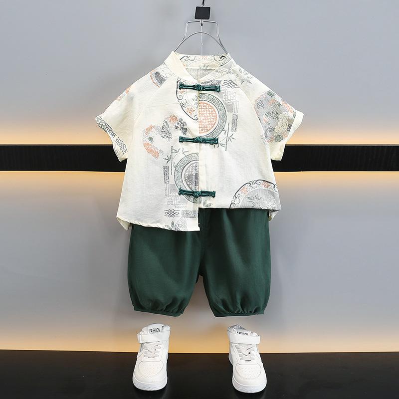 チャイナ服 男の子 ベビー キッズ 半袖 シャツ セットアップ 上下セット 薄手 軽量 綿 柔らか素材 中国風 唐装 漢服 夏用 普段使い カジュアルスタイル