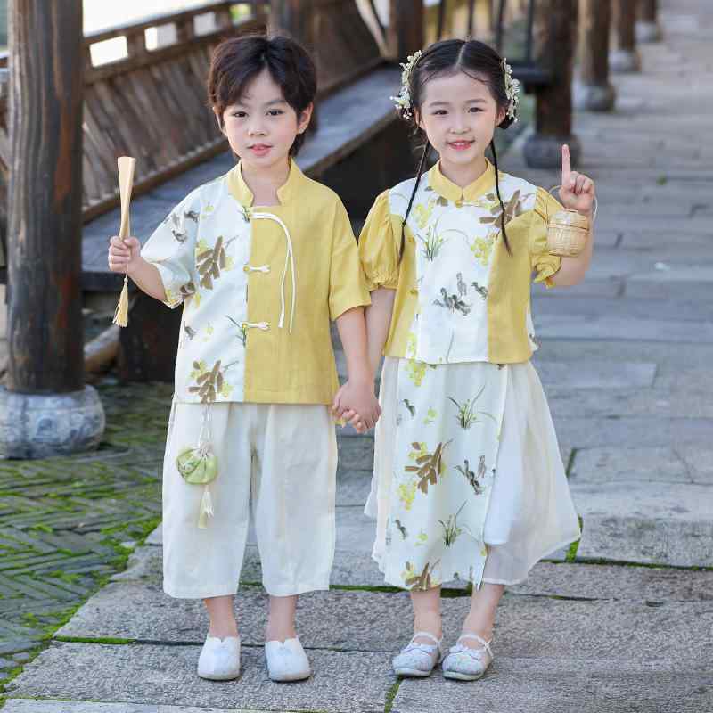 子供服 キッズ 男の子 女の子 小学生 幼稚園 漢服 唐装 セットアップ 中国風 伝統文化風 発表会 舞台衣装 卒業式 卒園式 薄手 ナイロン 春夏