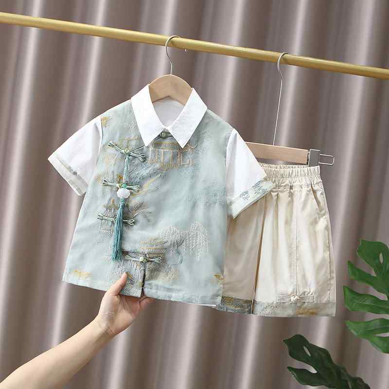 漢服 唐装 男児 キッズ ベビー 中国風 古風 伝統 レトロ セットアップ 上下セット 半袖 ショートスリーブ 夏物 薄手 発表会 イベント 衣装 グリーン ナイロン素材