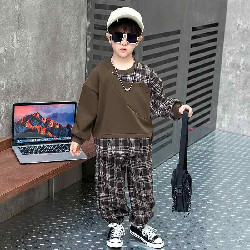 スウェット セットアップ 男の子 キッズ ベビー服 韓国ファッション かっこいい クール 上下2点セット 綿素材 チェック柄 春秋物 普段着 通学 幼児 小学生