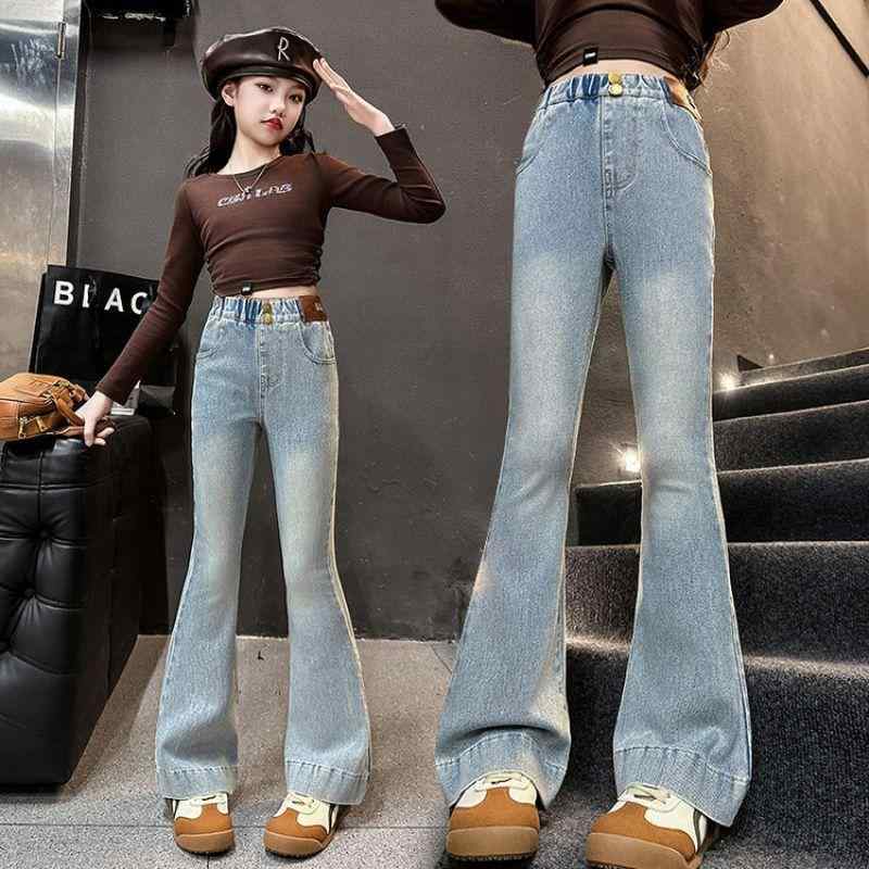 キッズ 女の子 デニム フレアパンツ ジーンズ ジュニア 小中学生向け ストレッチ 伸縮性 ウォッシュ加工 ロング丈 ダブルロータリーバックル かわいい カジュアルスタイル ブルー 春秋