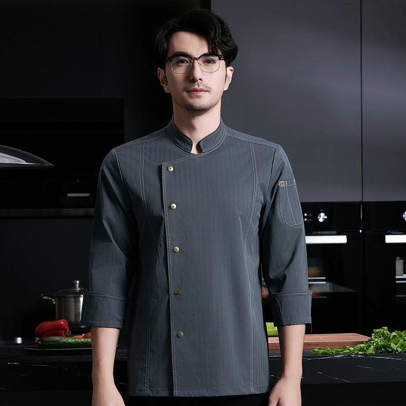 コックコート メンズ 男性用 シェフ 料理長 長袖 吸湿速乾 綿混 ロゴ入り ホテル 飲食業 厨房 ベーカリー 作業服 ユニフォーム 制服 秋冬 白 黒 グレー