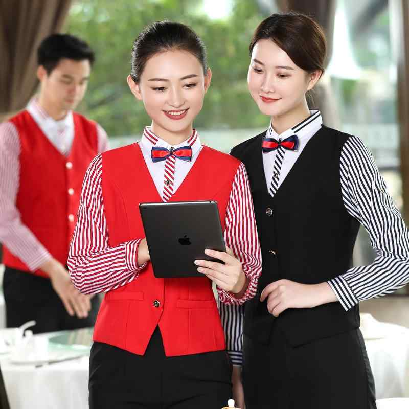 ユニフォーム 男女兼用 ベスト風 フェイクレイヤード シャツ ブラウス 制服 長袖 秋冬 防寒 ポリエステル サービス業 接客 ホールスタッフ 飲食店 ホテル 中華 火鍋 茶館 フロント ブラック レッド パープル