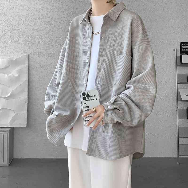 シャツ メンズ 韓国 アメリカン カジュアル 長袖 秋 スタンドカラー ゆったり ルーズフィット ジャカード織り コットン ウォッシャブル 無地 おしゃれ