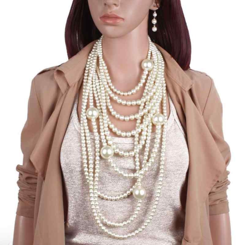ネックレス レディース 女性用 欧米風 多連パール ロングタイプ ボディチェーン イヤリング セット ファッション 高級感 プラスチック レジン ハンドメイド 人工クリスタル ラインストーン ラウンドビーズチェーン 通勤 オフィス カジュアル 春夏