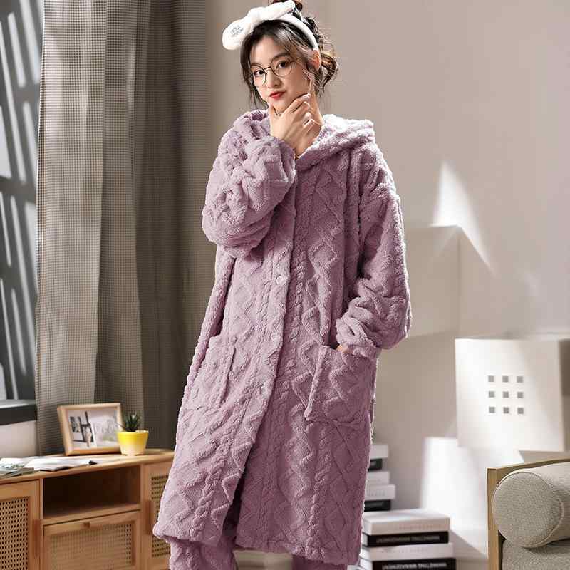 パジャマ レディース ルームウェア 女性用 フランネル サンゴフリース 厚手 ロング丈 フード付き セットアップ 上下セット ジャガード織り あったか 保温 部屋着 外出着 普段使い おうち時間 かわいい 大人可愛い 秋冬