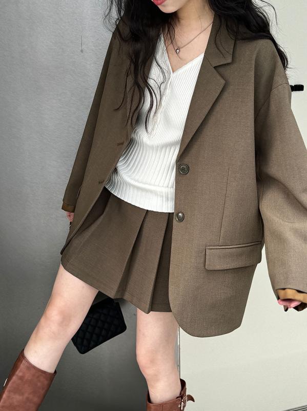 セットアップ レディース 韓国 高級感 カジュアル ジャケット プリーツスカート オフィス 通勤 きれいめ 春夏 ポリエステル 袖切り替え ミニ丈 ブラウン グレー 2点セット｜おうち健康生活
