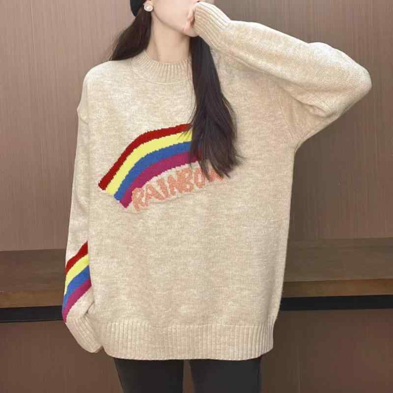 ニット レディース レインボーボーダー ロゴ プルオーバー セーター 長袖 ゆったり 厚手 ウール アクリル クルーネック ドーパミンコーデ カジュアル 春夏 オートミール