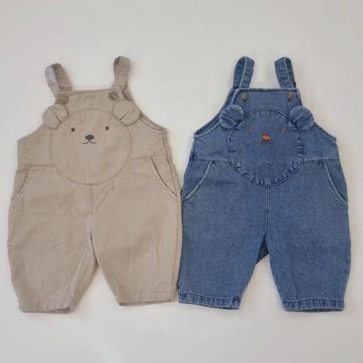 ロンパース ベビー 男女兼用 かわいい クマ アップリケ 長袖 デニム オーバーオール コットン 春秋 普段着 カジュアル 韓国 カーキ お出かけ着