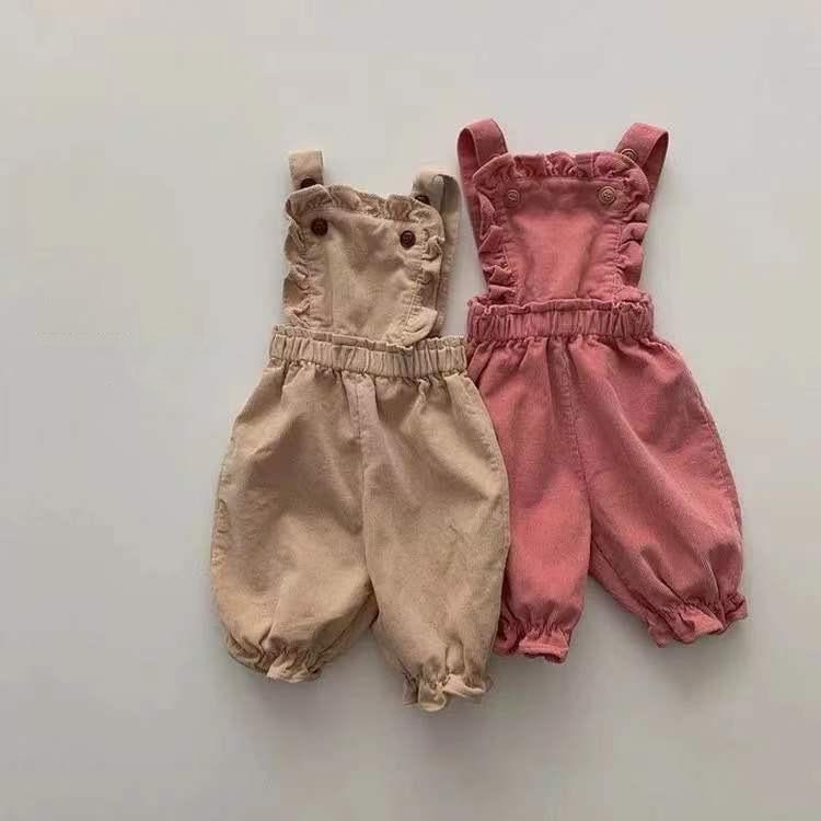 ロンパース ベビー 女の子 コーデュロイ 綿 春秋 ノースリーブ 韓国 おしゃれ かわいい フリル ダブルボタン カバーオール ゆったり 普段使い お出かけ カーキ