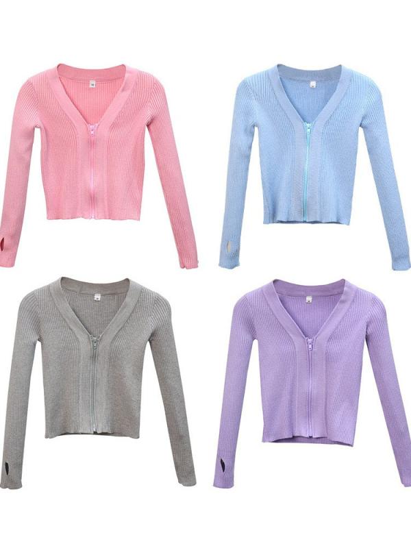 ダンスウェア 女の子 キッズ 長袖 レッスンウェア 秋冬 保温性 ファスナー付き カーディガン ボレロ ジャケット 柔らかな肌触り かわいい ポリエステル グレー ピンク パープル