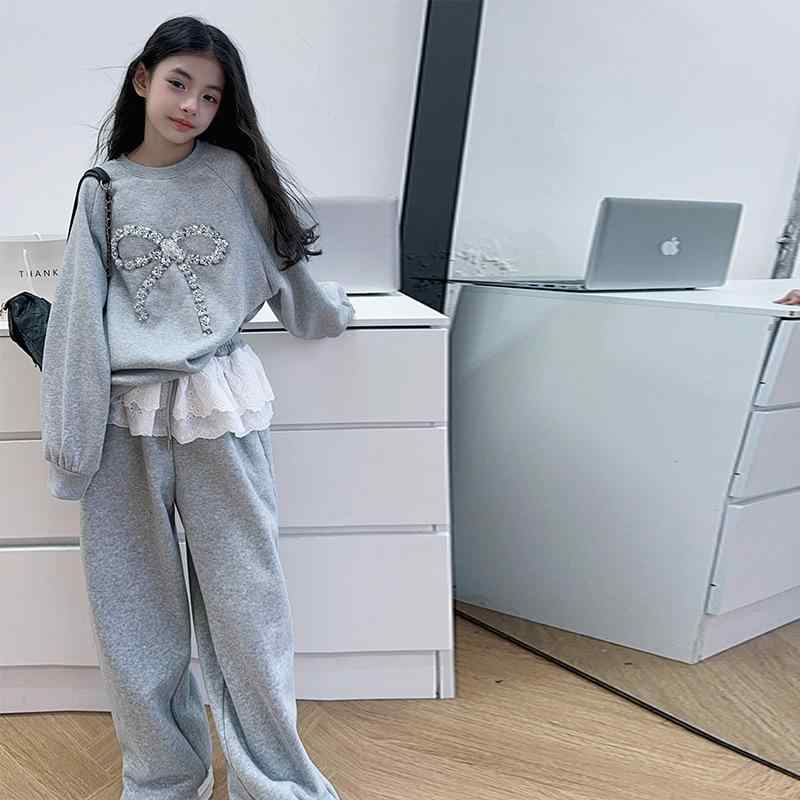 セットアップ 女の子 ジュニア 韓国ファッション おしゃれ リボン レースフリル 長袖トップス ワイドパンツ 綿混 春秋 上下セット カジュアル