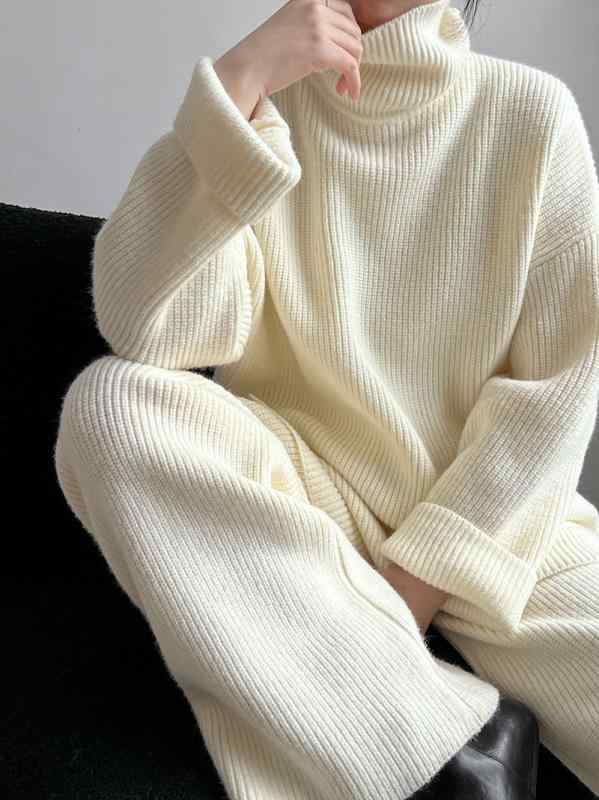 セットアップ レディース 秋冬 ハイネック ニット プルオーバー ワイドパンツ ロングパンツ 2点セット アクリル ポリエステル カジュアル リラックススタイル 普段使い お出かけ 無地