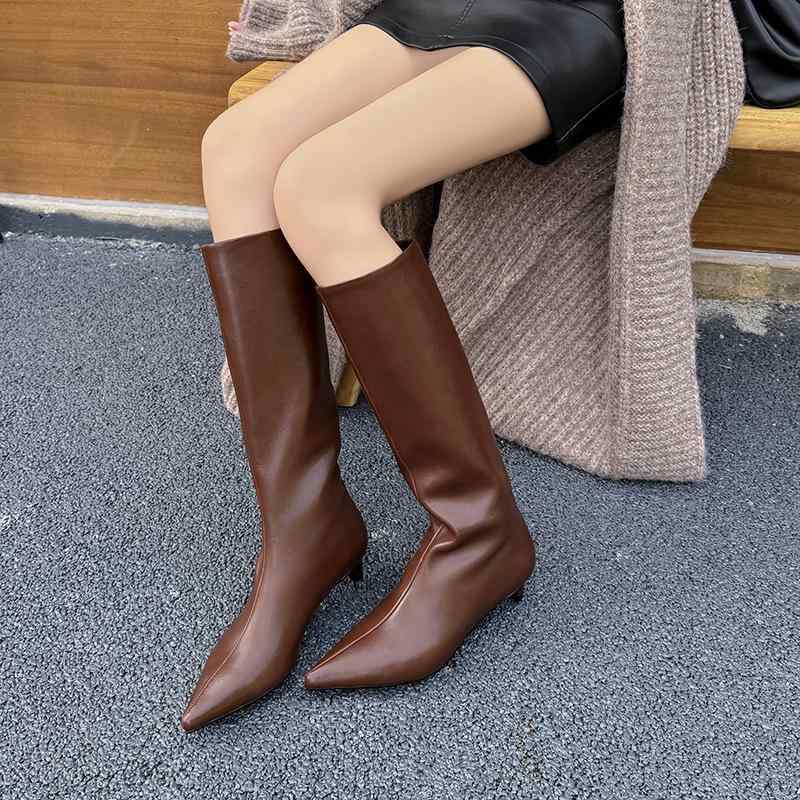 ブーツ レディース 女性用 ニーハイ ロングブーツ ポインテッドトゥ キトゥンヒール ミドルヒール 細ヒール ワイド筒 プルオン 牛革 スプリットレザー レザー切り替え 無地 欧米風 普段使い カジュアル 通勤 オフィス 秋冬