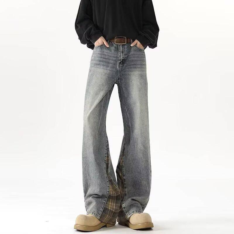 デニムパンツ メンズ ジーンズ 男性 ウォッシュ加工 ヴィンテージ風 レトロ 切り替え マルチカラー ルーズ ストレート フルレングス カジュアル 普段使い