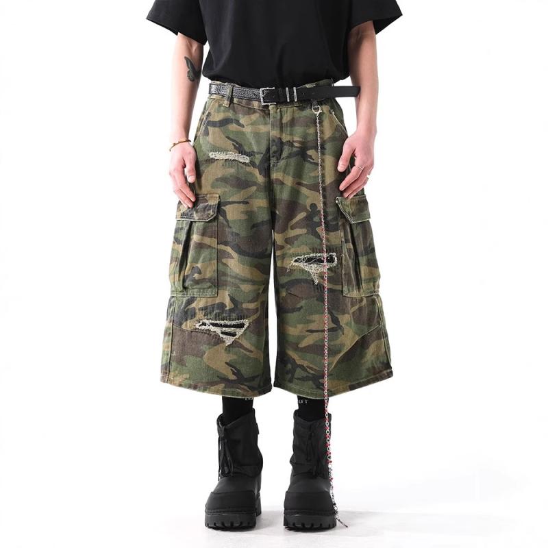 パンツ 男女兼用 アメリカンレトロ ダメージ加工 迷彩柄 カモフラージュ柄 ワーク カーゴ ショートパンツ 七分丈 ハーフパンツ 春夏 ストリート トレンド ボトムス ズボン