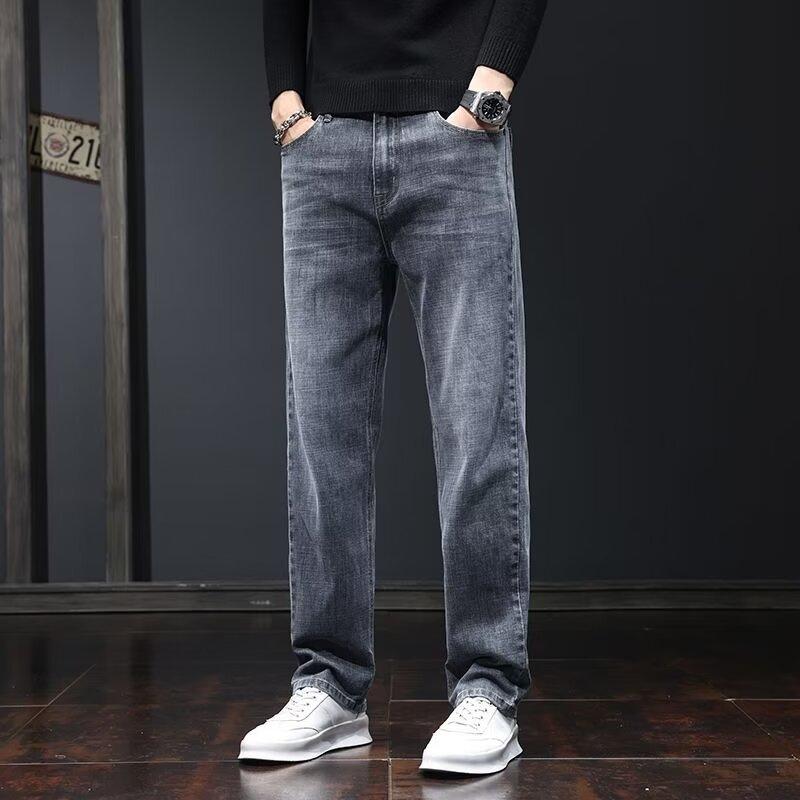 デニムパンツ ジーンズ メンズ 男性用 春秋 高級感 ストレッチ 伸縮性 ゆったり ストレート ビジネス カジュアル ロング丈 着回し 万能