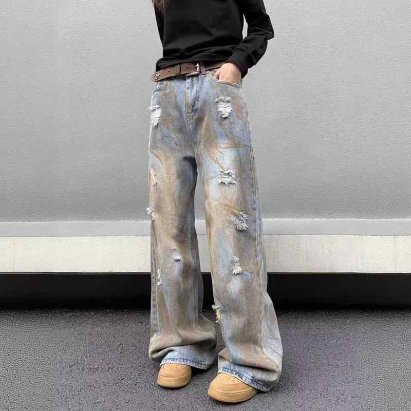 デニムパンツ メンズ アメカジ ヴィンテージ風 ウォッシュ加工 ダメージ加工 ワイド ストレート ルーズフィット 手染め タイダイ染め 黄土色 ジーンズ ロングパンツ 普段使い カジュアルファッション