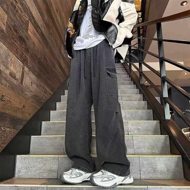 デニムパンツ メンズ ワイド ストレート ウォッシュ加工 カーゴ 多ポケット ゆったり ルーズ ヴィンテージ風 アメカジ 香港ストリート 春秋 ロングパンツ 普段使い カジュアル