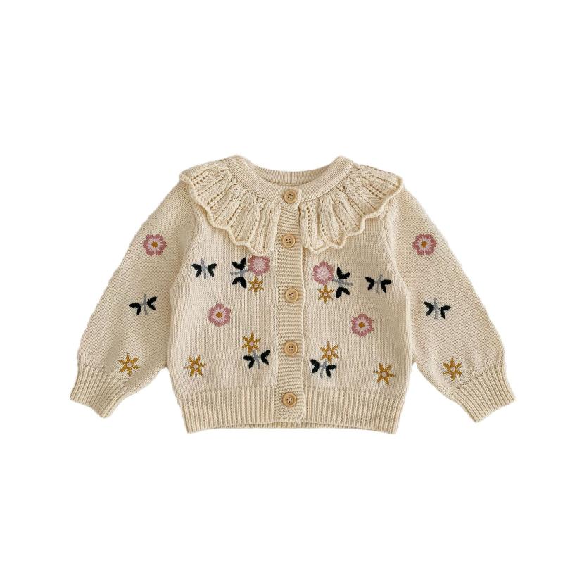 子供服 女の子 ベビー キッズ 春夏 かわいい 着回し 花刺繍 フリル襟 長袖 ニット カーディガン 綿 コットン 羽織り トップス 普段使い お出かけ