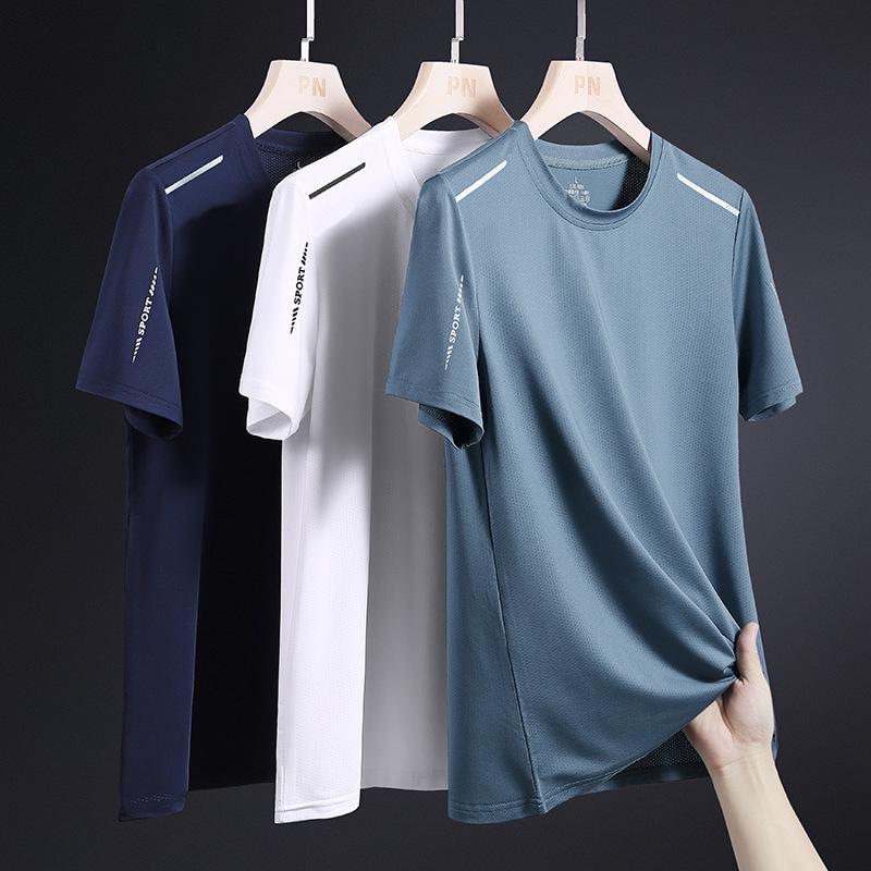 Tシャツ メンズ 夏 半袖 接触冷感 速乾 通気性 スポーツ ルーズ クルーネック 薄手 ポリエステル ストライプ 白 黒 グレー 中年男性用 カジュアル 普段使い
