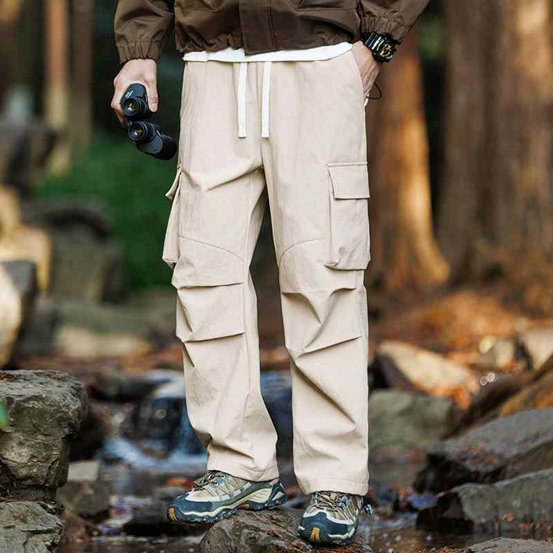 メンズ ワークパンツ ルーズフィット 裾絞り ミッドライズ ベルト付き 薄手ナイロン 防水 防風 微弾性 無地 スポーツ カジュアル 春秋 グレー ブラック カーキ
