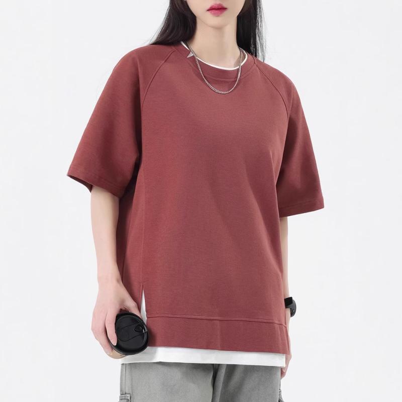 Tシャツ メンズ レディース 短袖 無地 偽ツーピース ルーズ カジュアル 夏用 綿 ポリエステル 混紡 透気 グリーン カーキ ブラック トップス 普段使い オーバーサイズ ノンアイロン