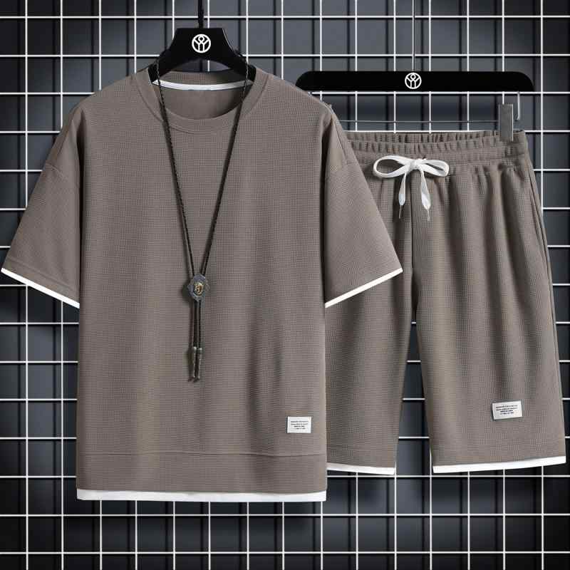 メンズ ワッフル柄 短袖 Tシャツ 短パン セット 夏 カジュアル ゆったり 薄手 ポリエステル混紡 普段使い スポーツウェア グレー 黒 白