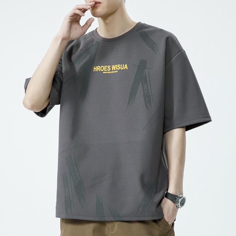 メンズ 夏 ゆったり カジュアル ビッグサイズ 短袖 Tシャツ トップス シンプル プリント ジオメトリック パターン クルーネック ドロップショルダー 薄手 吸湿速乾 ポリエステル 黒 白 グレー