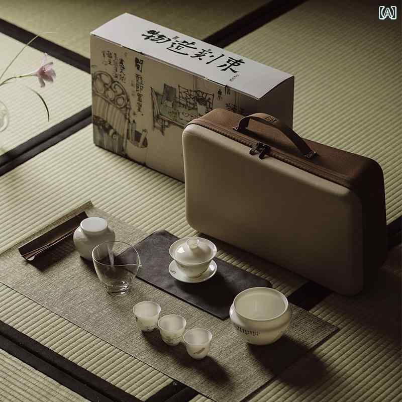 茶具 セット 白磁器 手作り 蓋碗 茶杯 功夫茶 茶道 教学 旅行 バッグ 極簡 スタイル 3人用 ミニマム 耐久性 持ち運び 便利