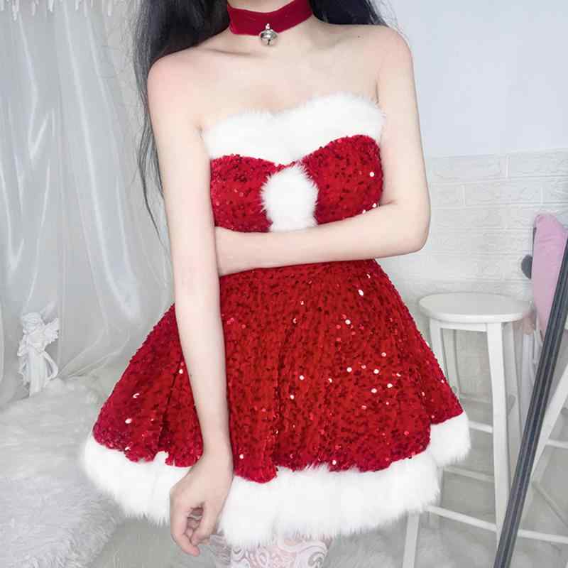 クリスマス サンタ コスチュームセット 大人用 女性用 ベアトップ スパンコール ミニドレス かわいい 華やか パーティー イベント