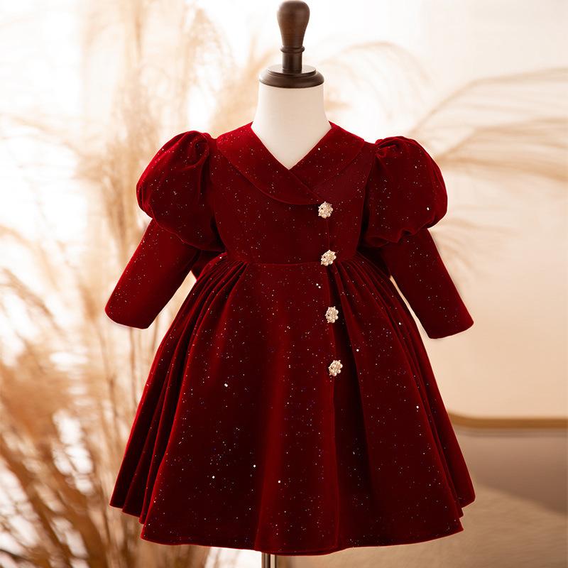 プリンセスドレス 女の子 女の子 キッズ 秋冬 長袖 ベロア ベルベット 礼服 フォーマル ワインレッド ボルドー 誕生日 1歳 正月 発表会 セレモニー パーティー ワンピース