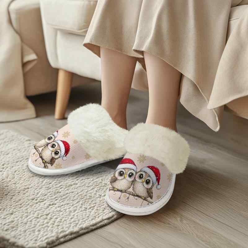 ルームシューズ レディース かわいい フクロウ クリスマス柄 プリント ファー付き 秋冬 あったか 暖かい コットン 滑り止め もこもこ 部屋履き 室内履き