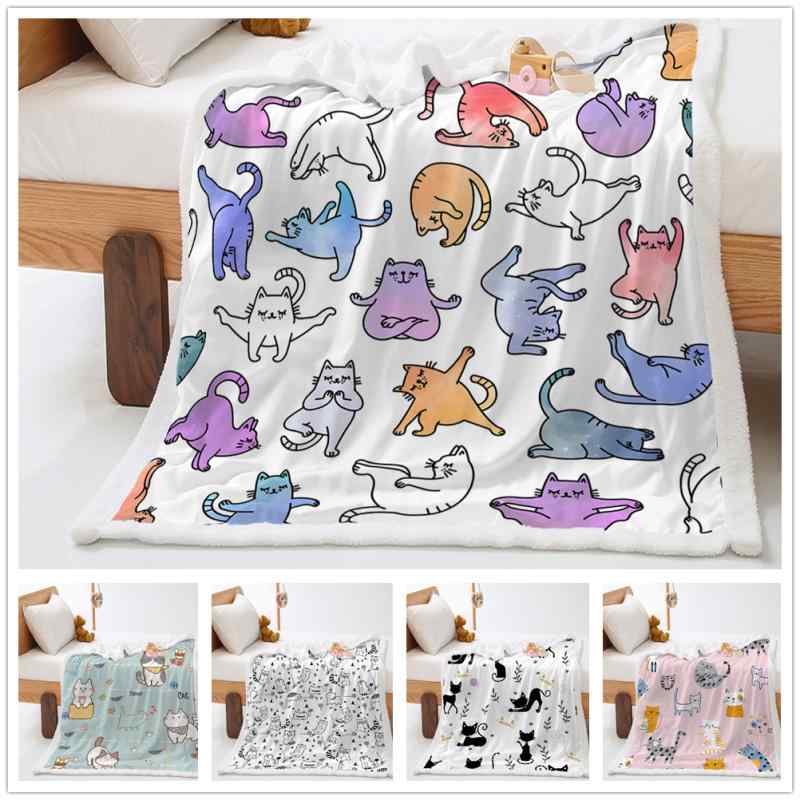毛布 猫 カートゥーン調イラスト デジタルプリント フランネル ベルベット ポリエステル 軽量 暖か 柔らかい 掛け布団 子供部屋 インテリア 寝室用