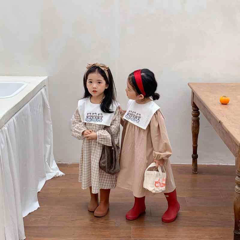 ワンピース 女の子 春秋 長袖 刺繍 小熊 チェック柄 プリンセススカート 綿素材 柔らかい 肌触り 普段使い 韓国 キッズ トップス スカート 切り替え
