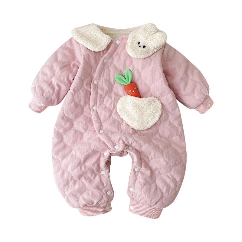 ベビー ロンパース 女の子 秋冬 綿入れ 加厚 長袖 ピンク うさぎ 襟 キルティング かわいい プリンセス ポリエステル 新生児 スイート