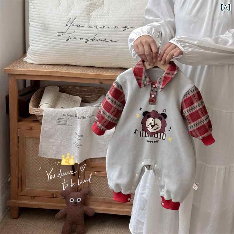 ベビー 男の子 長袖 這い這い服 ロンパース カバーオール 春秋 綿混紡 コットン 赤 Aクラス 新生児 外出着 中厚 韓国 カジュアル シンプル