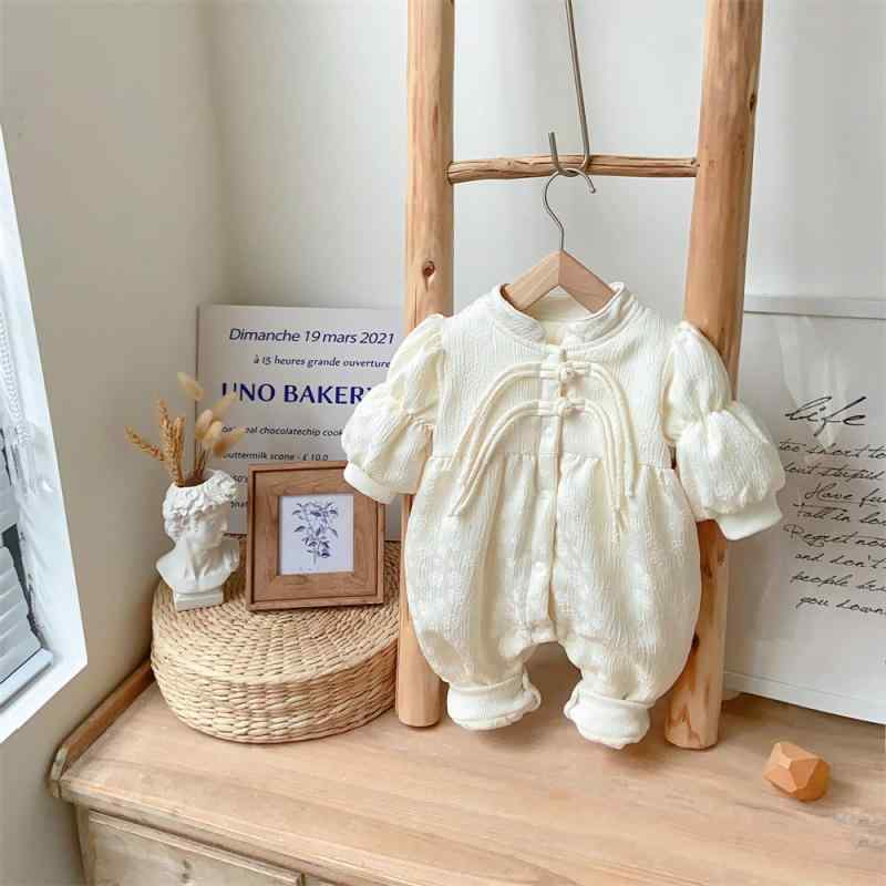 ベビー 女の子 新生児 連体服 秋冬 中国風 パフスリーブ 刺繍柄 盤ボタン 厚手 裏起毛 長袖 ポリエステル 柔らかい 暖か 赤 杏色