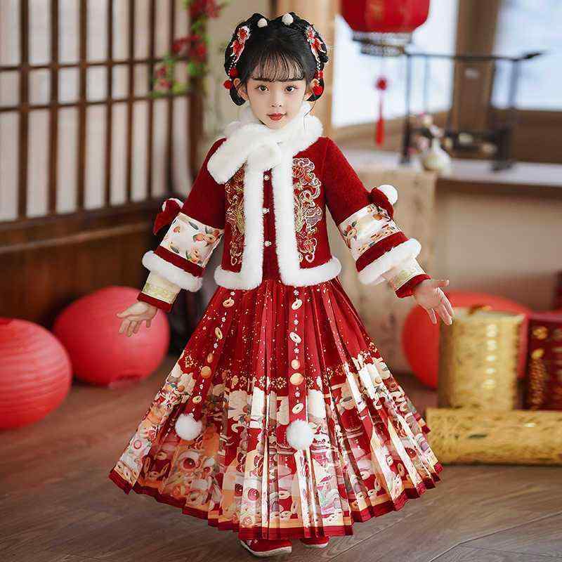 女の子 漢服 馬面スカート 秋冬 赤 花柄 フリル 厚手 ポリエステル繊維 中国風 柔軟 加工 新年祝い かわいい