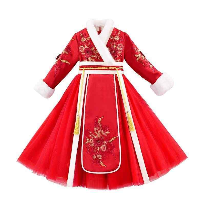 女の子 チャイナドレス 秋冬 中国風 唐装 古風 ワンピース 加厚 暖か 花柄 フリル ポリエステル 柔軟 赤 紫 ピンク かわいい
