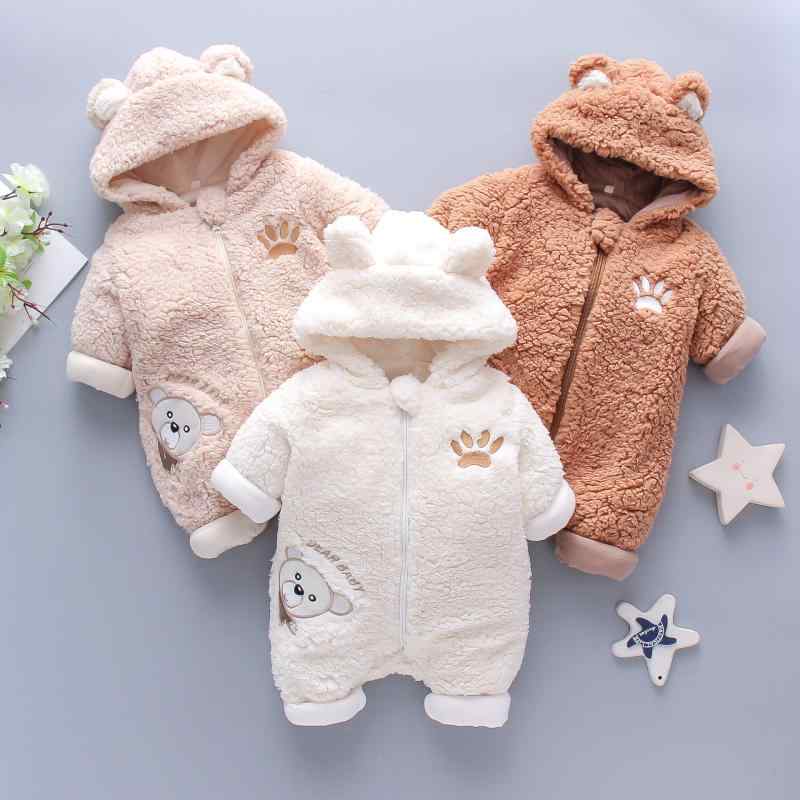 ベビー オールインワン 男の子 女の子 冬 厚手 フード付き クマ 刺繍 ポリエステル 長袖 ジッパー クローラー 暖か 柔らか 茶 白 カーキ