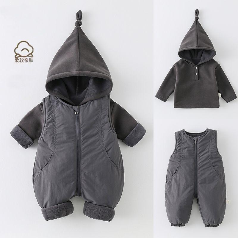 ベビー 秋冬 服 男の子 女の子 厚手 フード 付き 長袖 長パンツ セット 新生児 用 無地 グレー ピンク ポリエステル 柔軟 素材 シンプル スタイル