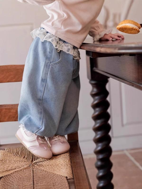 女の子 デニムパンツ ワイドレッグ ゆったり ロングパンツ フリル かわいい 綿素材 子供服 ガーデン柄 カートゥーン 伸縮性 中腰 皮バンド 普段使い 通勤以外 軽量 室内外 ベビー幼児 80-100cm 適合 青