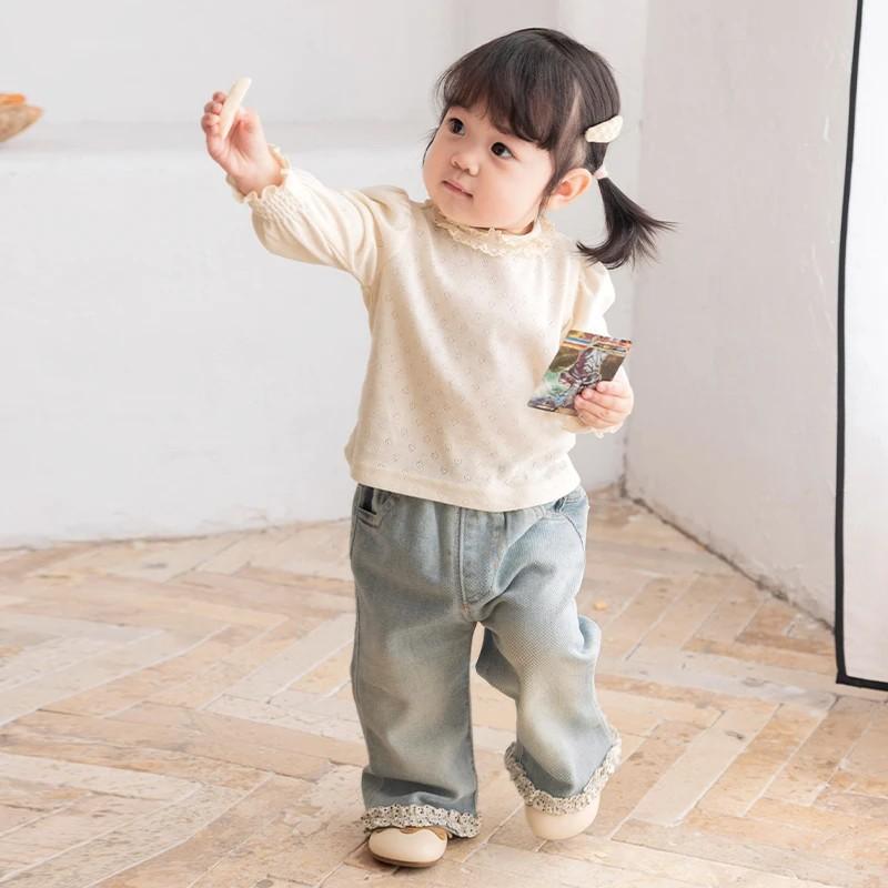 デニムパンツ 男の子 女の子 ベビー キッズ 柔らかい ワイドレッグ カジュアル レース付き 綿混紡 ロングパンツ 青 春秋 普段使い 軽量 伸縮性